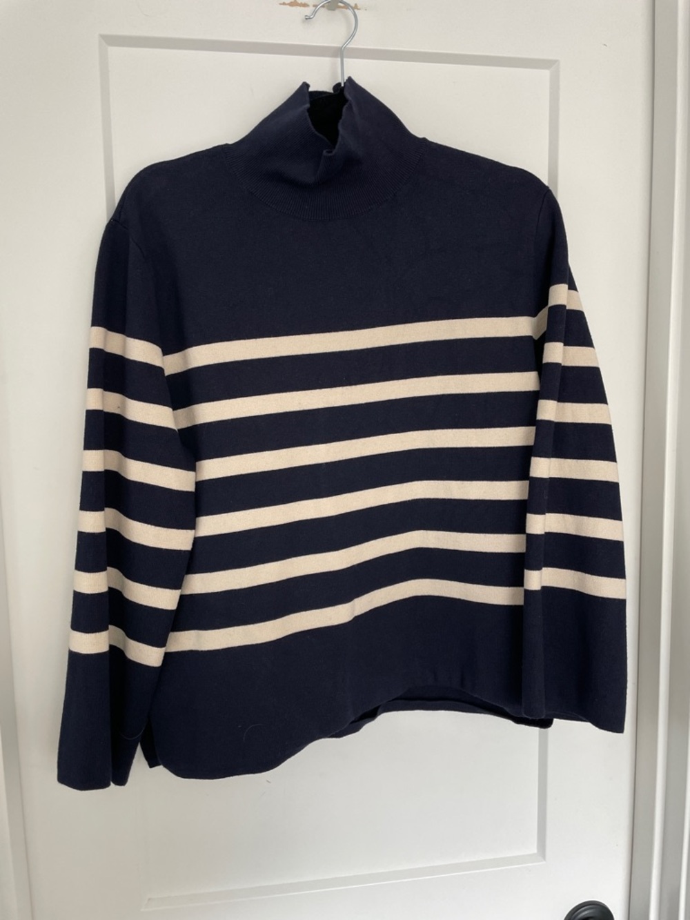 Navy and Cream Striped mock neck Sweater